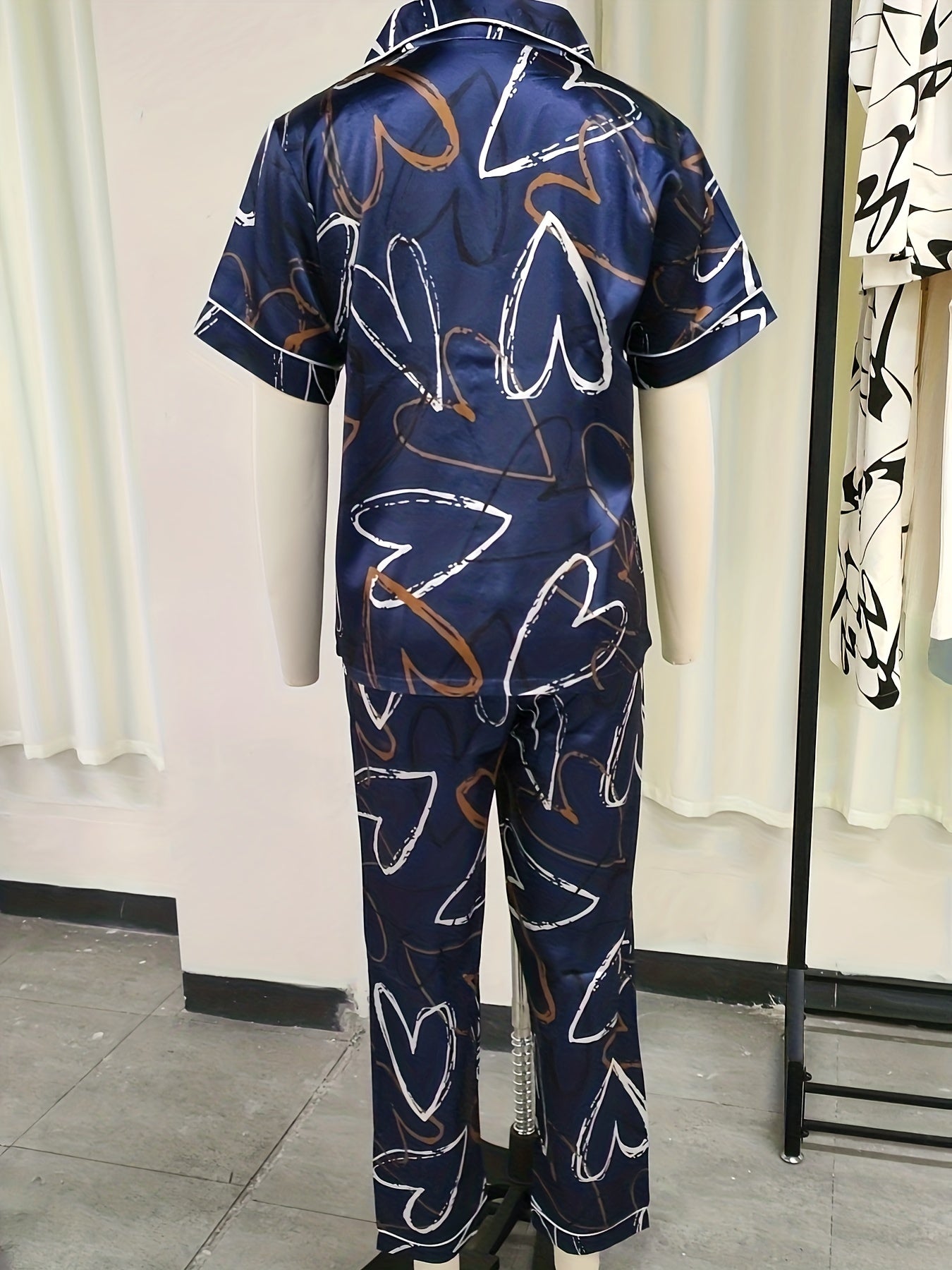 Heart Print Pajama Set Short Sleeve Buttons Top & Elastic Waistband Pants