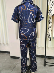 Heart Print Pajama Set Short Sleeve Buttons Top & Elastic Waistband Pants