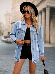 Oversized Distressed Flap Pockets Denim Jacket Ripped Long Sleeve Denim Coat