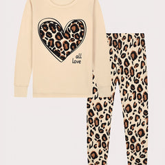 Leopard Pattern Pajamas Long Sleeve Top & Pants Set Heart Print Loungewear