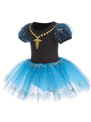 Girls Floral Tulle Tutu Mesh Puff Sleeve Ballet Dance Dress