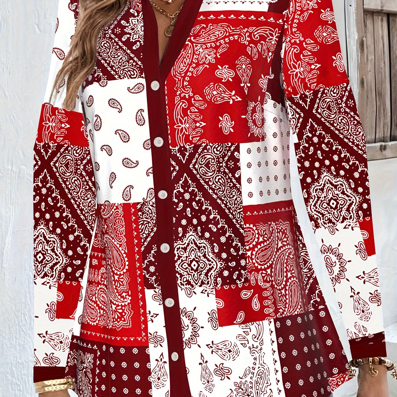 Women's Plus Paisley Print Long Sleeve Button Up Blouse