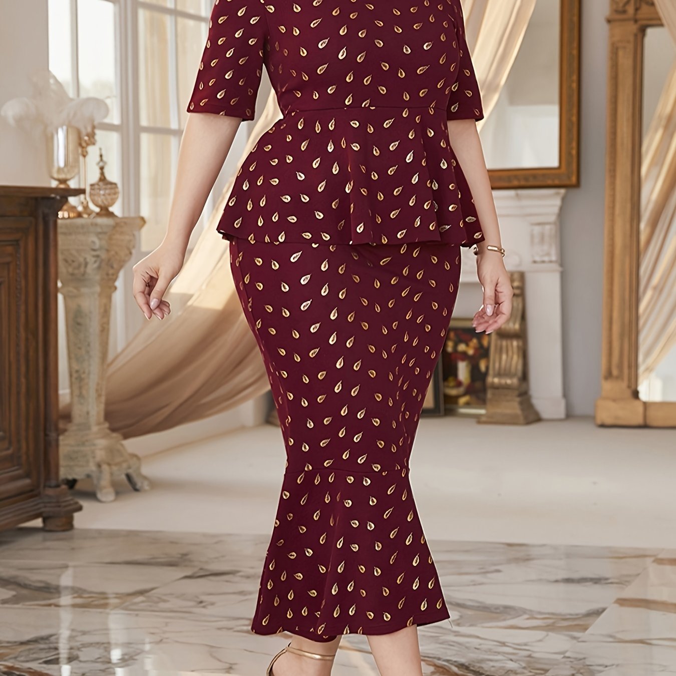 Women's Golden Dot Print Ruffle Trim Mermaid Dress