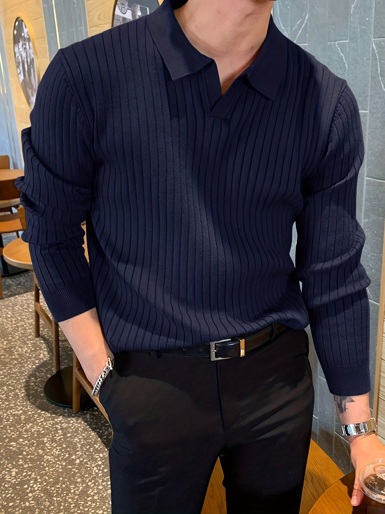 Men's Knit Polo Shirt V Neck Pullover Sweater