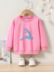 Cartoon Deer Pattern Crew Neck Long Sleeve Sweatshirt for Girls Kids