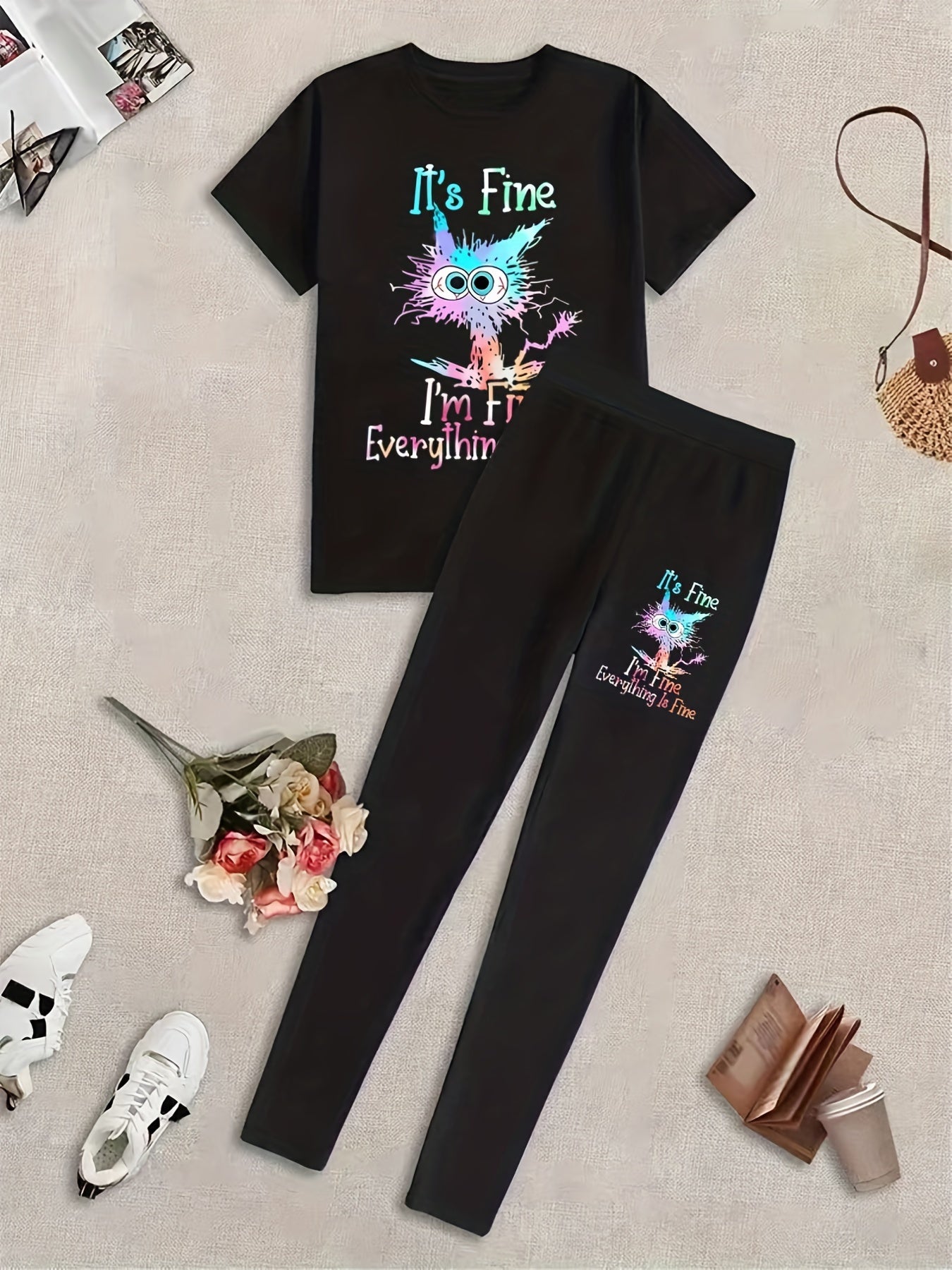 Cat Print Two piece Pants Set Short Sleeve T shirt & Leggings Outfit