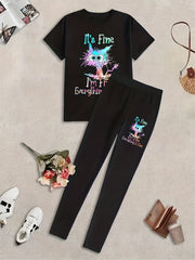 Cat Print Two piece Pants Set Short Sleeve T shirt & Leggings Outfit
