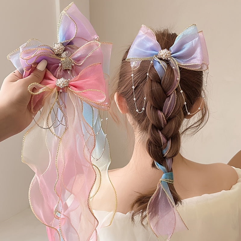 Baby Girls Mesh Bow Ribbon Hair Clips With Pearl Tassel