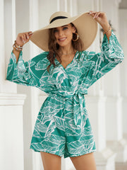 Leaves Print Surplice Neck Romper
