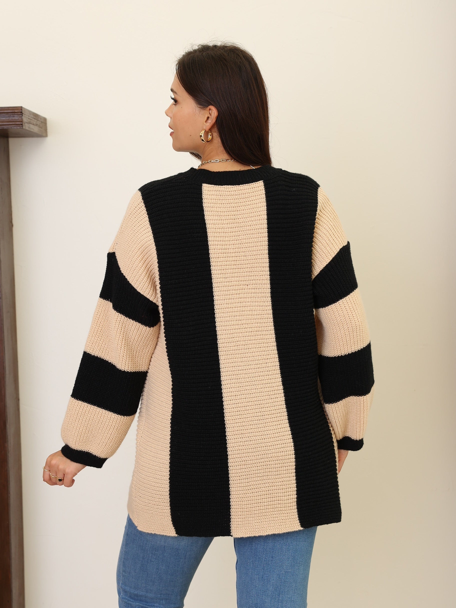 Casual Sweater Women's Plus Stripe Print Long Sleeve Round Neck Jumper