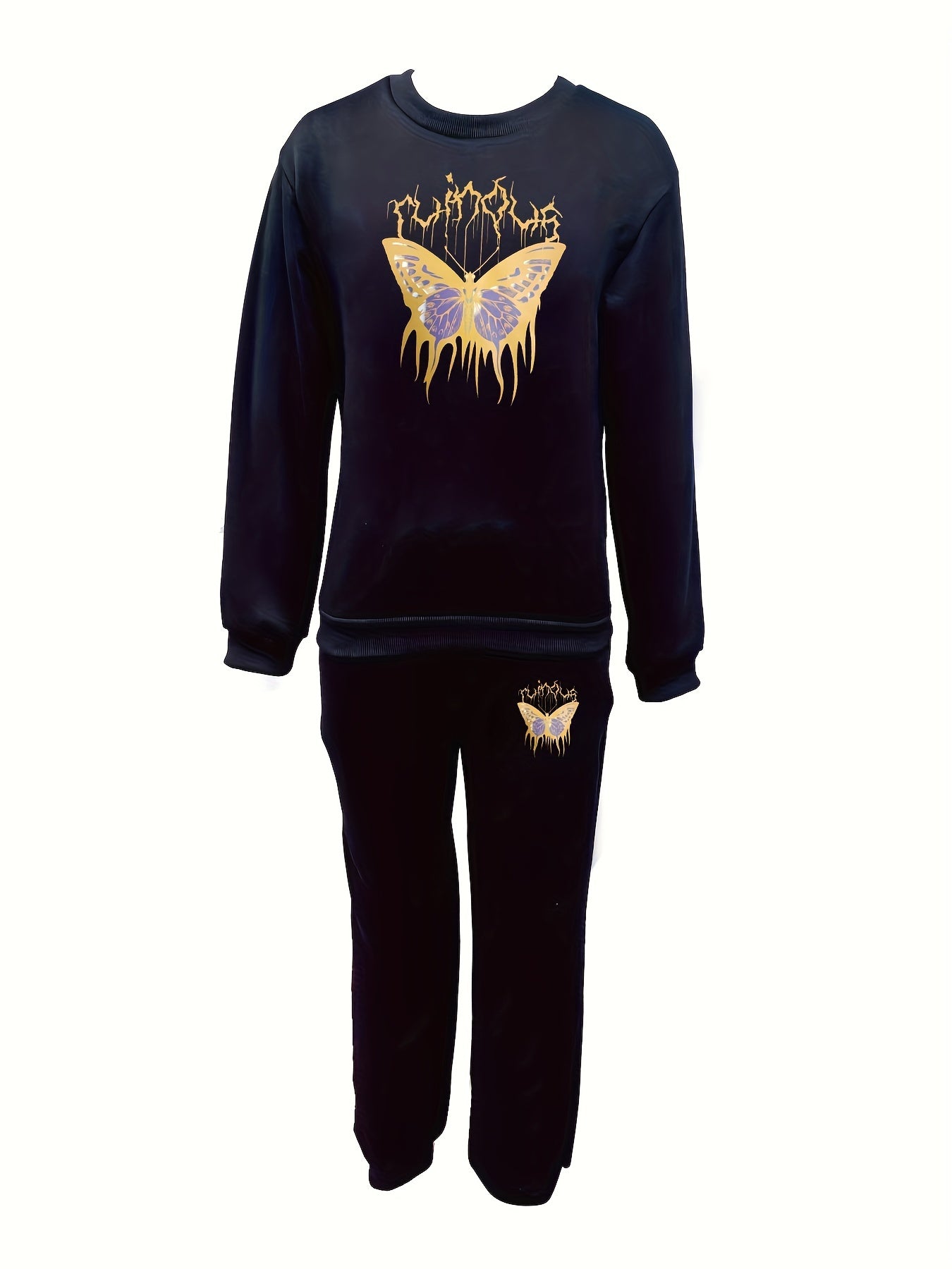 Butterfly Print Workout Set Crew Neck Long Sleeve Tops & Jogger Pants