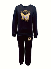 Butterfly Print Workout Set Crew Neck Long Sleeve Tops & Jogger Pants