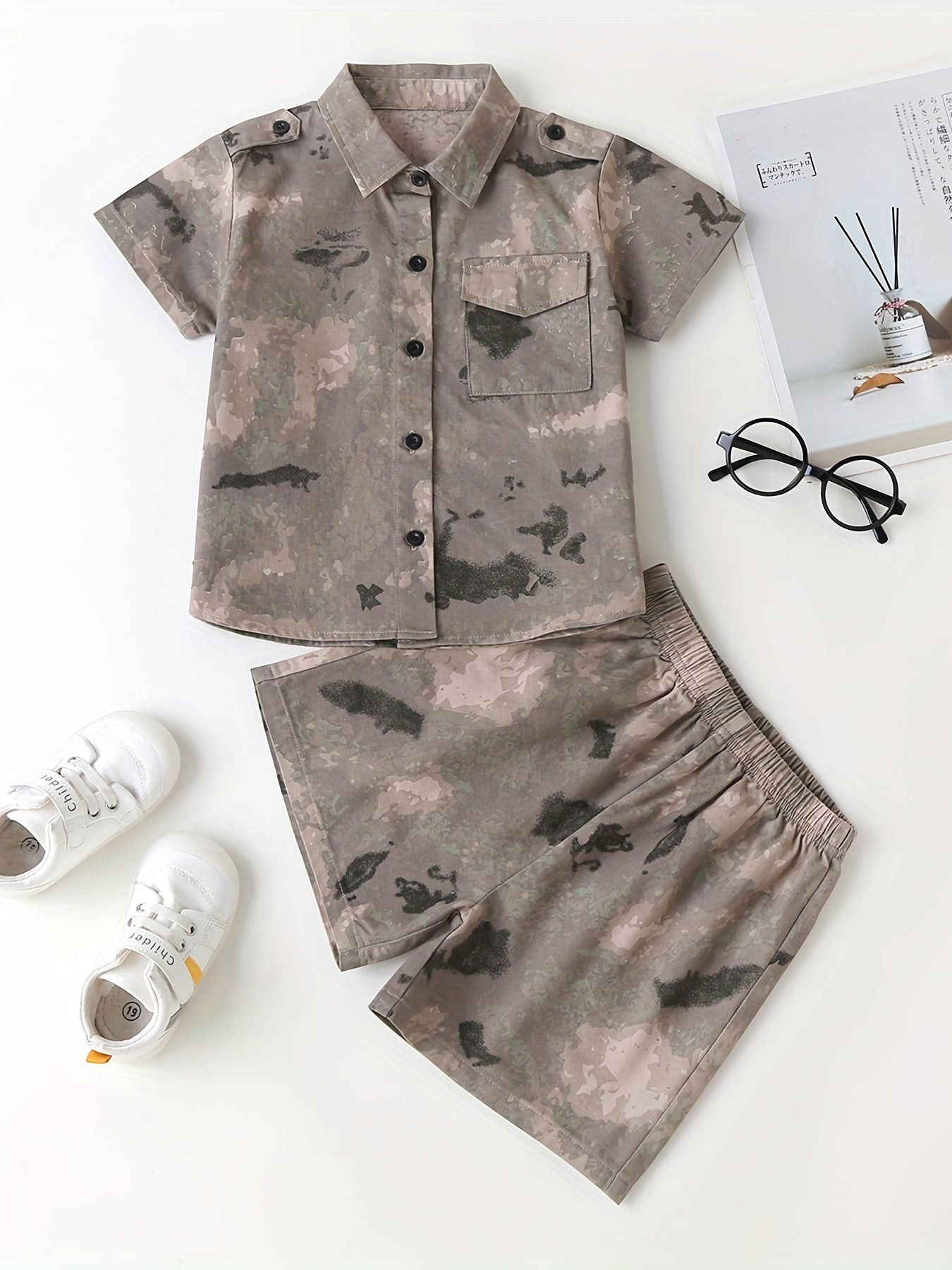 Boys Camouflage Outfit Short Sleeves Shirt & Shorts Kids Summer Clothes Sets