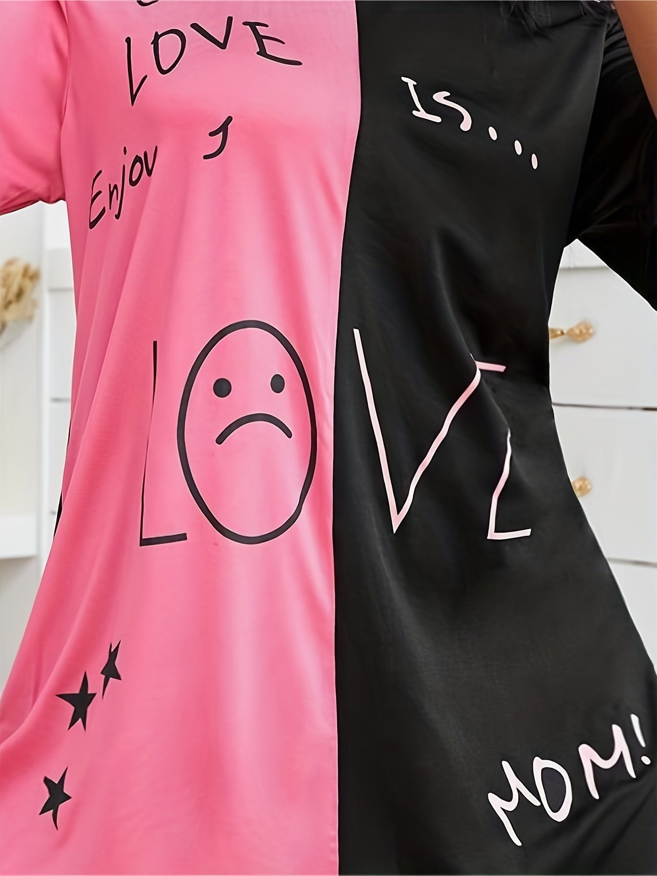 Colorblock Sleep Dress Short Sleeve High Stretch Nightdress