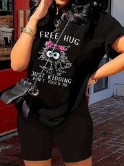 Slogan & Cartoon Cat Print Tee & Shorts Set
