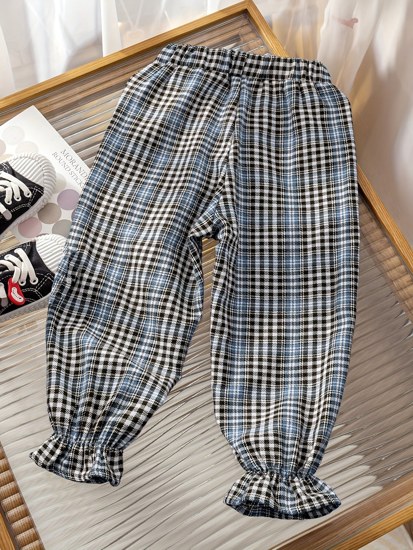 Girls' Plaid Print Ruffle Jogger Trousers For Kids Outfit