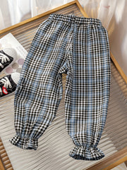 Girls' Plaid Print Ruffle Jogger Trousers For Kids Outfit