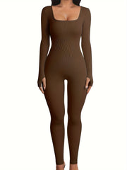 Ribbed Yoga Jumpsuit Seamless Slim Fit Long Sleeve Activewear