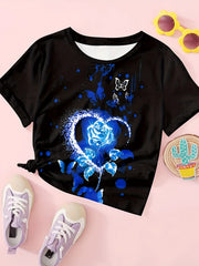 Rose Heart Butterfly Print Short Sleeve T-shirt Girls Summer Sports Clothes