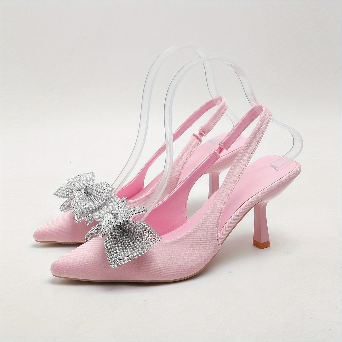 Rhinestone Bow Sandals Pointed Toe Slingback Mid Heels