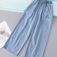 Girls Casual Jeans Bear Embroidery Elastic Waist Wide Leg Jeans