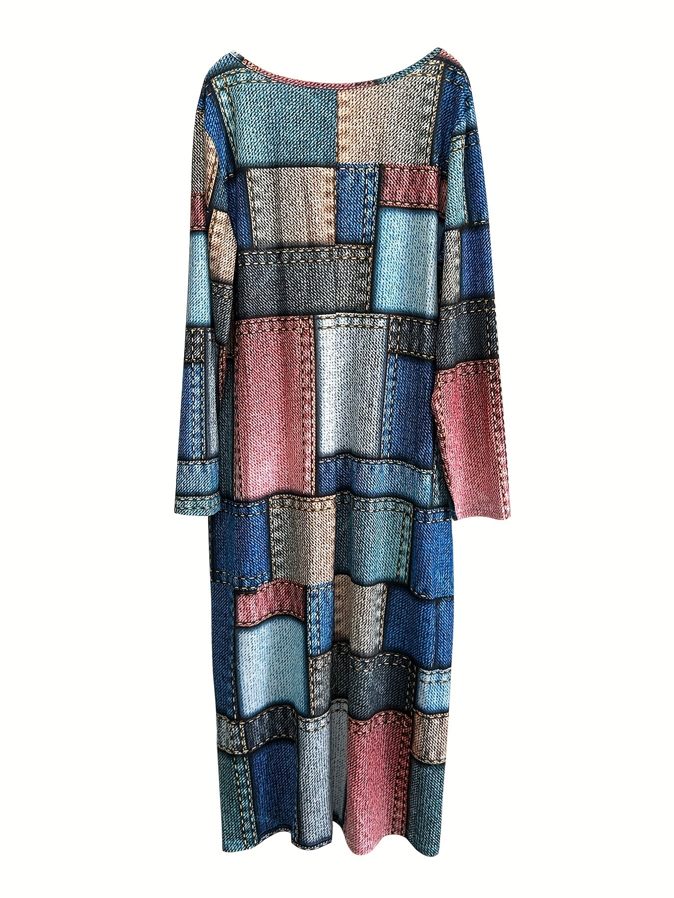 Denim Print Long Sleeve Maxi Dress With Pockets