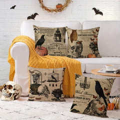 Halloween Linen Blend Pillow Case Skeleton Pumpkin Crow Square Cushion Cover