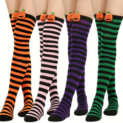 Striped Thigh High Socks Halloween Pumpkin Decor Over The Knee Socks