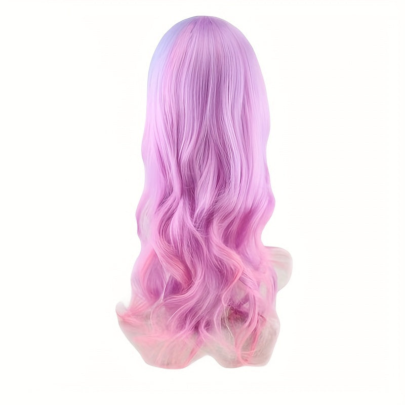Pink Gradient Curved Wavy Long Wig with Unicorn Hair Band