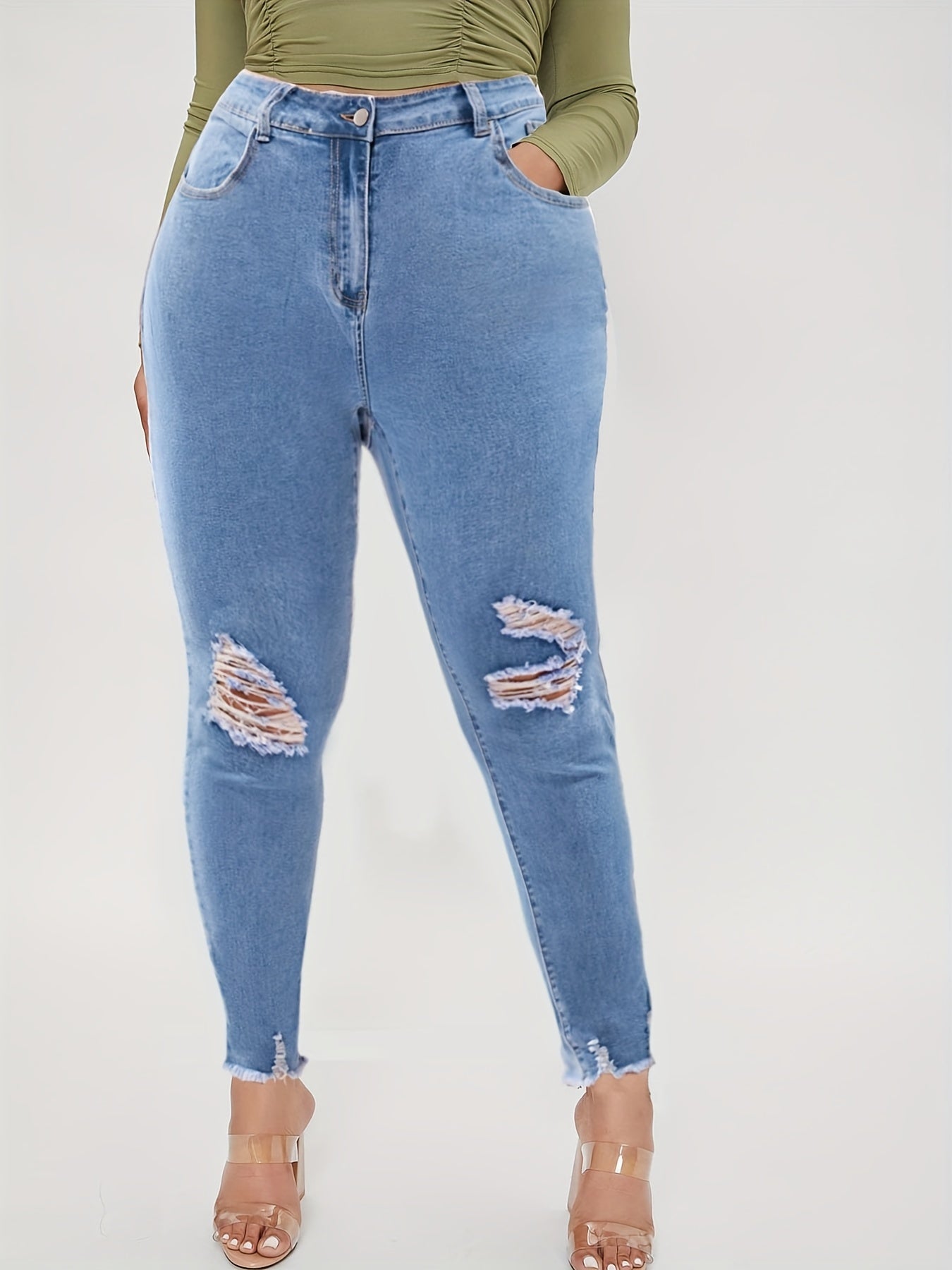 Women's Ripped Fringe Trim Skinny Jeans