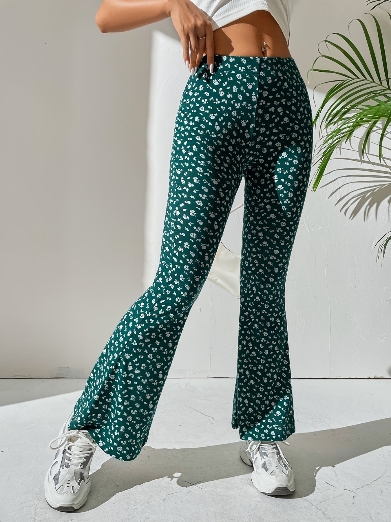 Floral Print Flare Leg Pants High Waist Casual Pants Spring/Fall