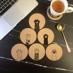 6pcs Cat's Claws Pattern Cork Coasters Round Wooden Mat for Hot Drinks