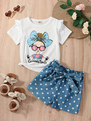 2pcs Girls Ruffle T Shirt & Polka Dot Belted Shorts Set