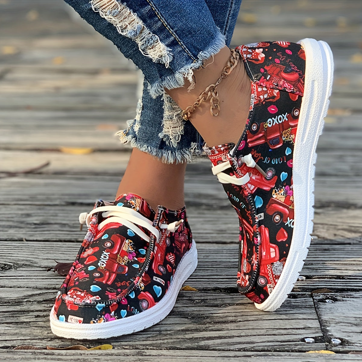 Heart & Trucker Print Canvas Shoes Lace up Flats For Women