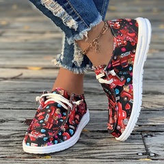 Heart & Trucker Print Canvas Shoes Lace up Flats For Women