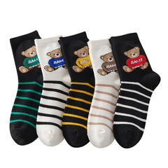 5 Pairs Cartoon Bear Print Crew Socks Women's Stockings