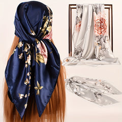Silk Thin Square Scarf Satin Bandana Flower Print Head Wraps For Women