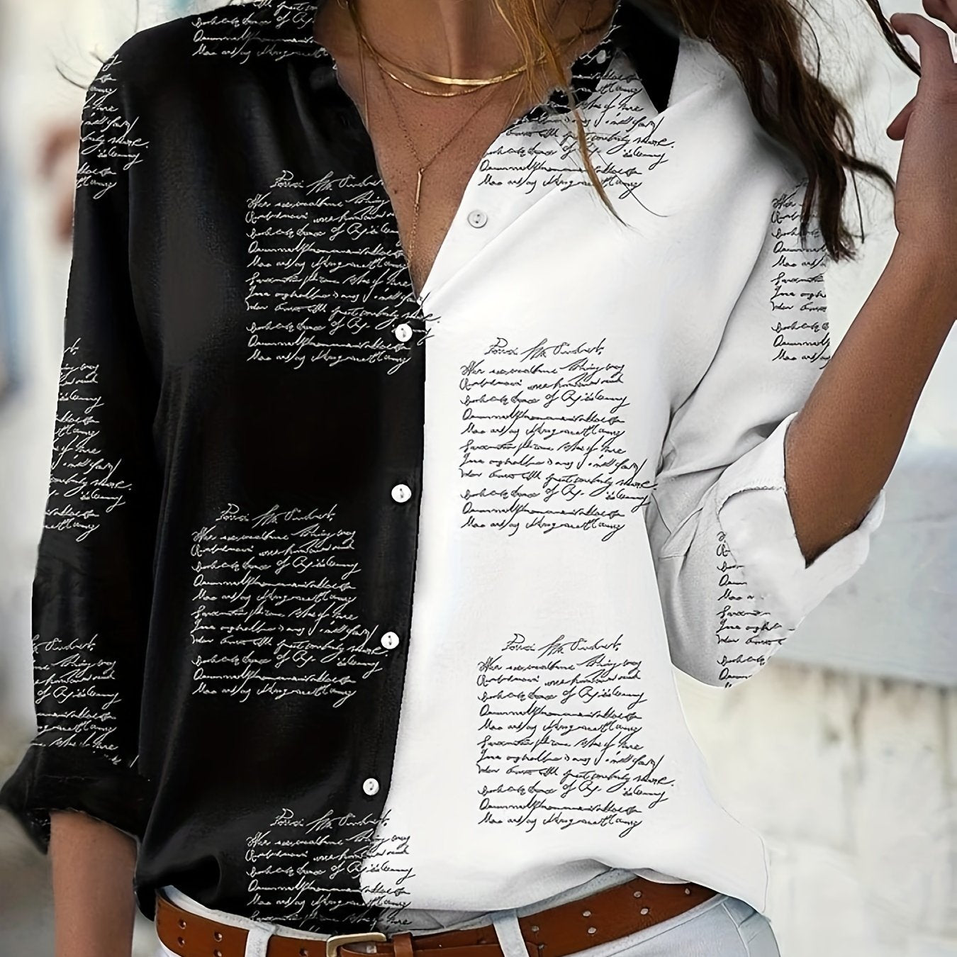 Colorblock Letter Print Long Sleeve Blouse