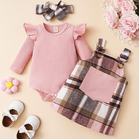 Baby Girls Cotton Ribbed Flutter Sleeve Bodysuit Plaid Suspender Skirt Set