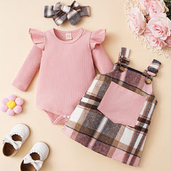 Baby Girls Cotton Ribbed Flutter Sleeve Bodysuit Plaid Suspender Skirt Set