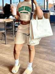 Letter Print 2pc Set Short Sleeve Crop T-shirt & High Waist Elastic