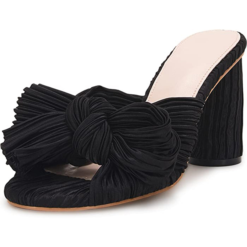 Women's Pleated Bow Knot Sandals Chunky Heel Open Toe Wedding High Heels