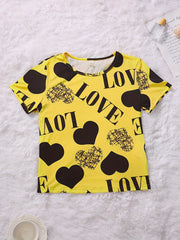 Heart Print Pajamas Set Short Sleeve Crew Neck Top & Long Sleeve Top & Pants