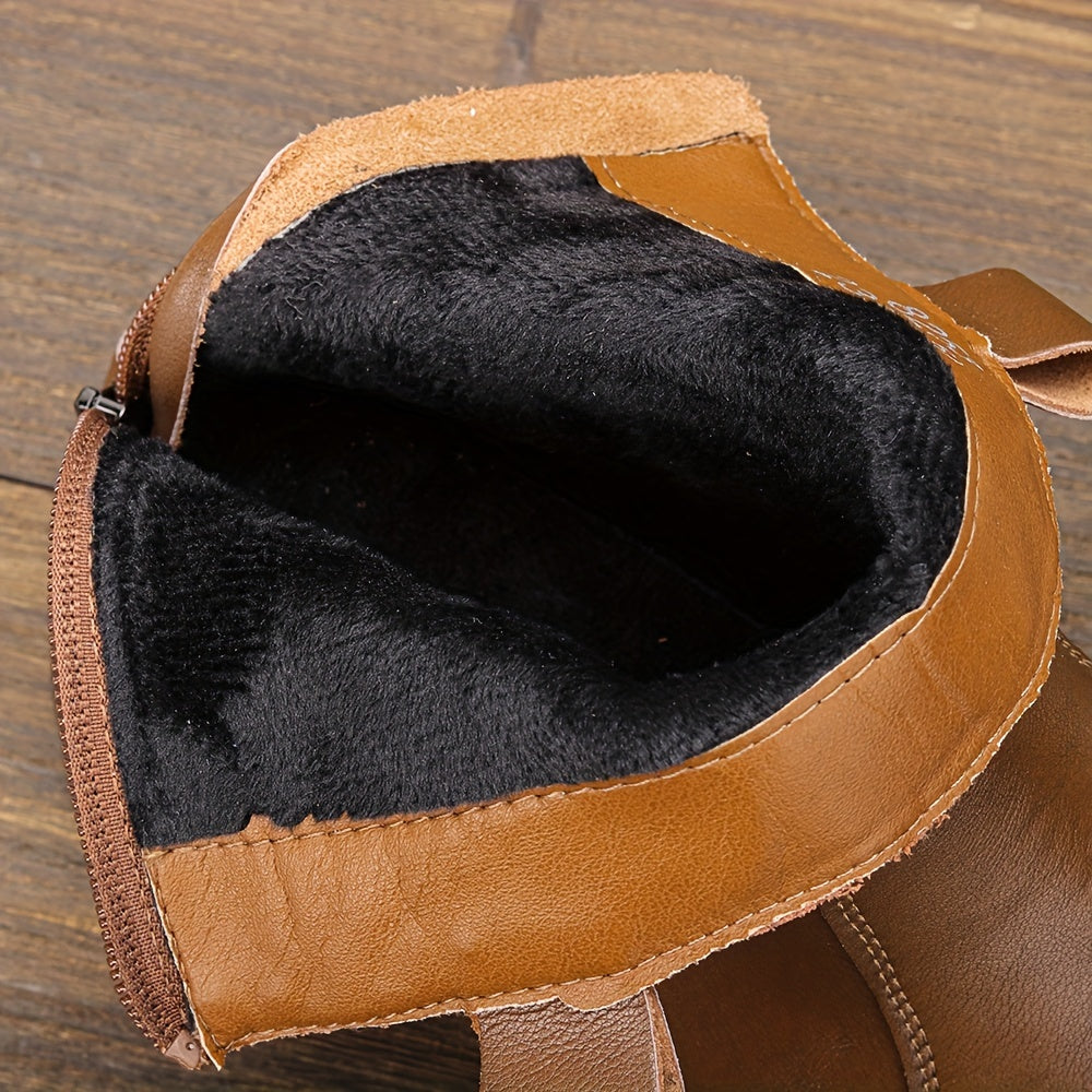 Women's Brown Chunky Heel Boots Warm Plush Lined Leather Boots