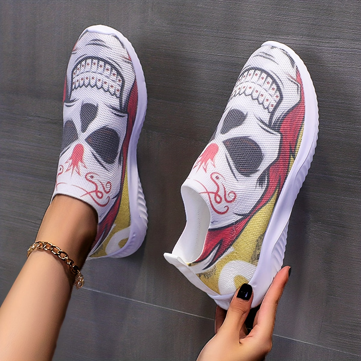 Women's Skull Print Platform Sneakers Lightweight Low Top Walking Shoes