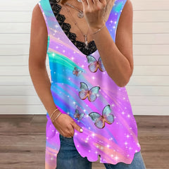Tie Dye Butterfly Print Tank Top Lace Trim V Neck