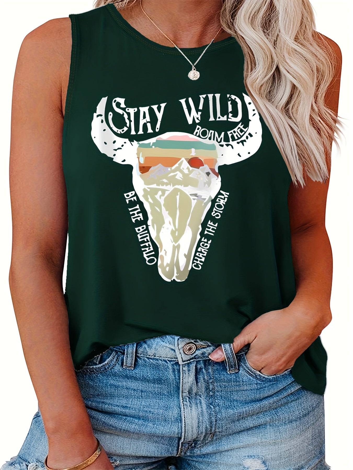 Casual Tank Top Women's Plus Slogan & Cow Print Round Neck