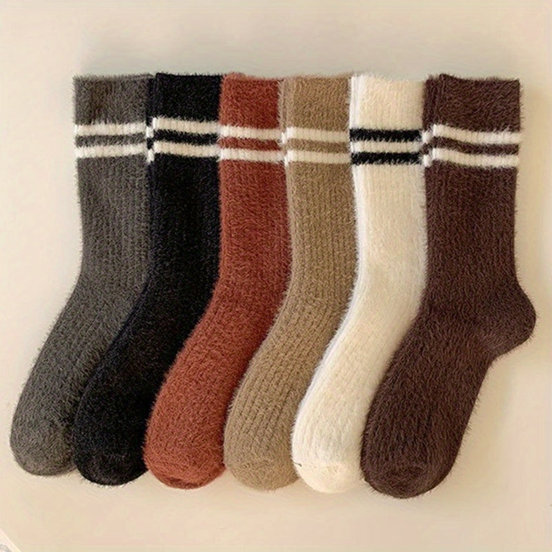 6 Pairs Striped Crew Socks Comfy & Warm All Match Women's Stockings