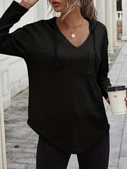 Solid Waffle Hoodies V Neck Sweatshirt With Drawstring