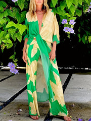 Floral Loose Fit Two Piece Set V Neck Beachwear Cover Up Pant